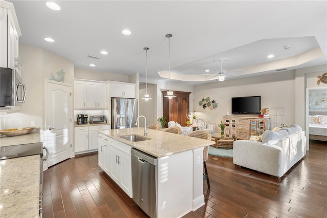 6936 White Willow Ct, Sarasota, FL 34243 - kitchen featuring dark wood-style flooring, white cabinetry, a raised ceiling, stainless steel appliances, and a sink