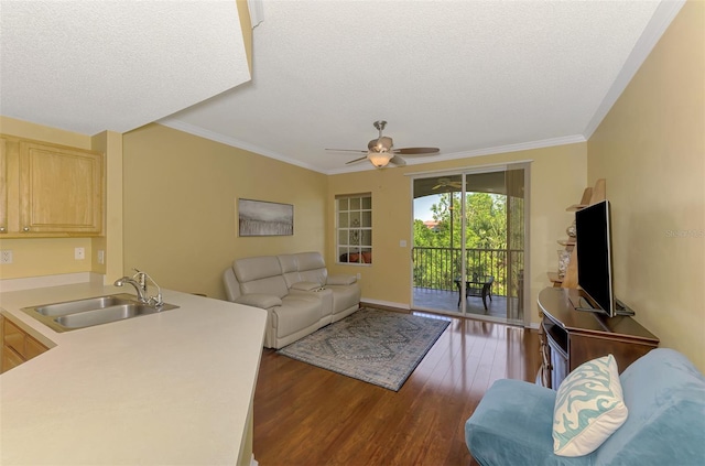 living area with crown molding, a textured ceiling, a ceiling fan, and dark wood-style floors