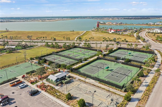 drone / aerial view with a water view