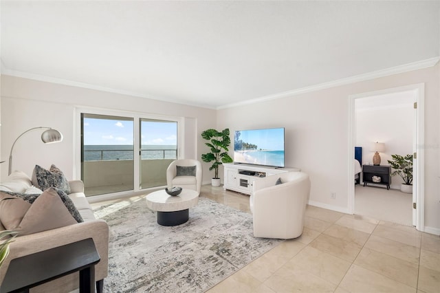1750 Benjamin Franklin Dr Unit 6B, Sarasota, FL 34236 - living room with crown molding and light tile patterned floors