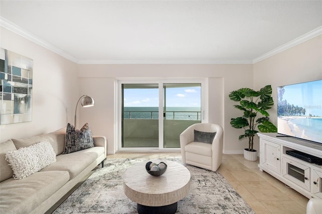 1750 Benjamin Franklin Dr Unit 6B, Sarasota, FL 34236 - living area featuring ornamental molding and light tile patterned flooring