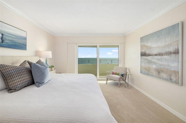 1750 Benjamin Franklin Dr Unit 6B, Sarasota, FL 34236 - carpeted bedroom with access to exterior, crown molding, and a water view