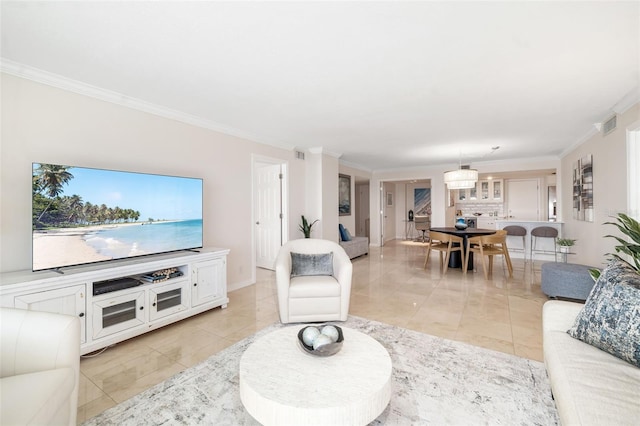 1750 Benjamin Franklin Dr Unit 6B, Sarasota, FL 34236 - living room featuring ornamental molding and light tile patterned flooring
