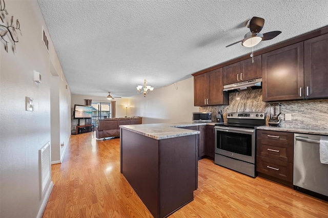 6033 34th St W Unit 132, Bradenton, FL 34210 - kitchen with appliances with stainless steel finishes, under cabinet range hood, a ceiling fan, tasteful backsplash, and light wood-style floors
