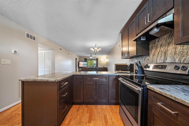 6033 34th St W Unit 132, Bradenton, FL 34210 - kitchen featuring appliances with stainless steel finishes, a peninsula, under cabinet range hood, light wood-style flooring, and a chandelier