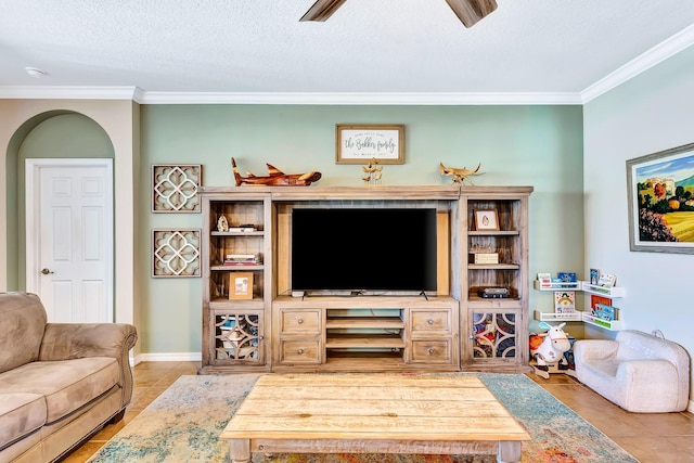 6729 45th Ter E, Bradenton, FL 34203 - living room featuring crown molding, baseboards, tile patterned flooring, and a textured ceiling