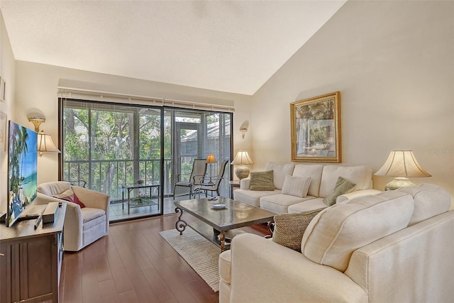 living area with high vaulted ceiling and dark wood-style flooring