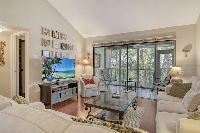 living room featuring wood finished floors and high vaulted ceiling