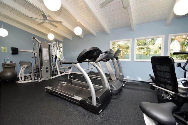 workout area featuring lofted ceiling, a wealth of natural light, a ceiling fan, and wooden ceiling