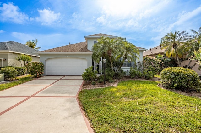1322 Millbrook Cir, Bradenton, FL 34212 - mediterranean / spanish-style house with concrete driveway, a front lawn, a garage, stucco siding, and roof with shingles