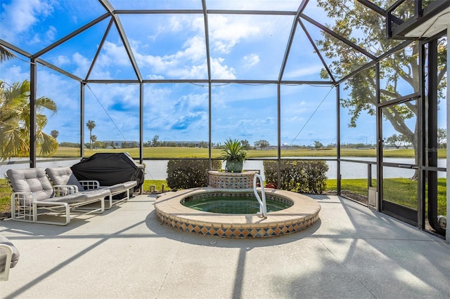 1322 Millbrook Cir, Bradenton, FL 34212 - view of patio / terrace with a lanai, a water view, and an in ground hot tub