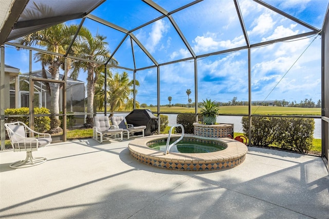 1322 Millbrook Cir, Bradenton, FL 34212 - view of patio featuring grilling area, a lanai, a water view, and an in ground hot tub