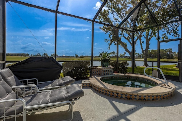 1322 Millbrook Cir, Bradenton, FL 34212 - view of patio / terrace featuring a water view, glass enclosure, and an in ground hot tub