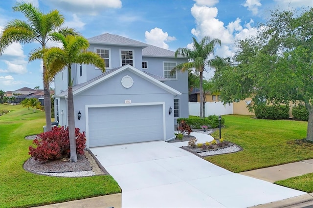 view of front of home with an attached garage, driveway, a front yard, and stucco siding