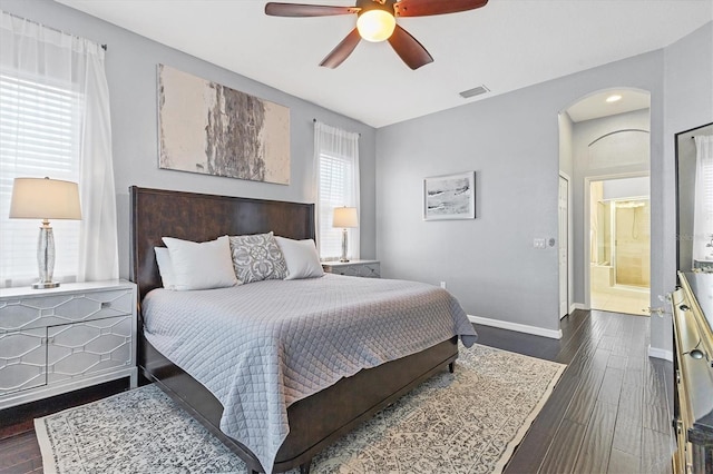 bedroom with baseboards, recessed lighting, dark wood finished floors, visible vents, and ceiling fan