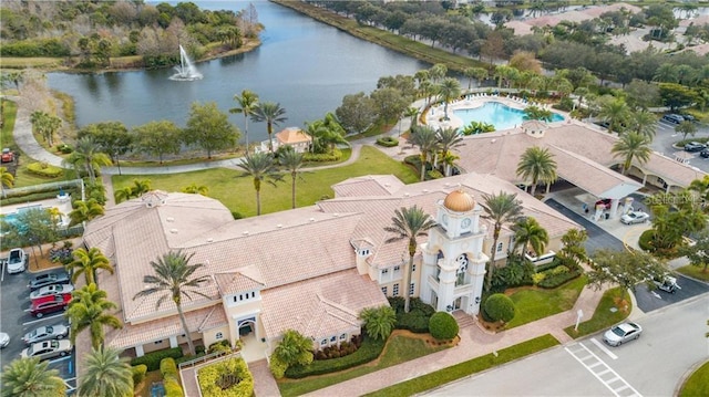 aerial view featuring a water view