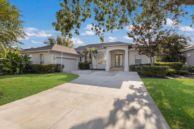 ranch-style house with driveway, an attached garage, a front lawn, and stucco siding