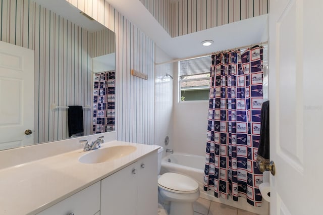 bathroom featuring shower / tub combo, toilet, vanity, wallpapered walls, and tile patterned floors