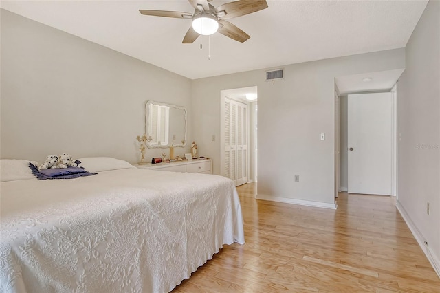 1532 Pelican Point Dr Unit Ba139, Sarasota, FL 34231 - bedroom featuring a ceiling fan, visible vents, baseboards, and light wood-type flooring