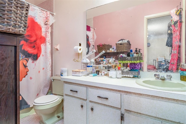 full bath featuring toilet, a shower with curtain, tile patterned floors, and vanity