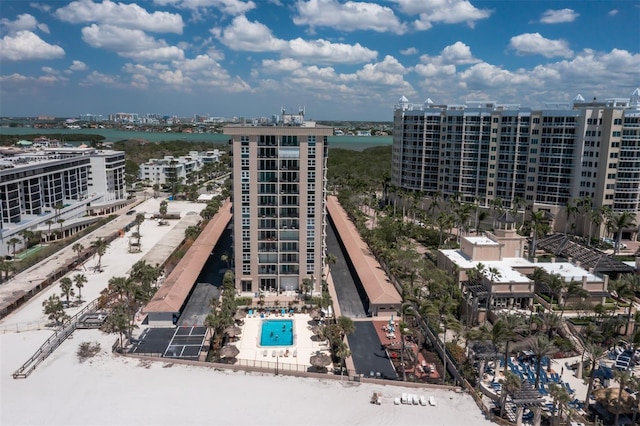 birds eye view of property with a city view