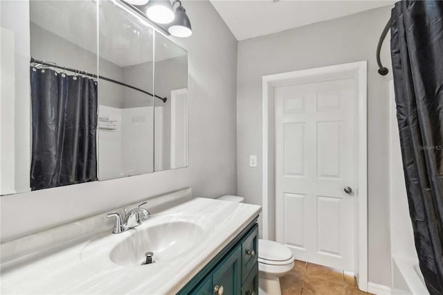 full bath featuring vanity, tile patterned floors, toilet, and a shower with curtain