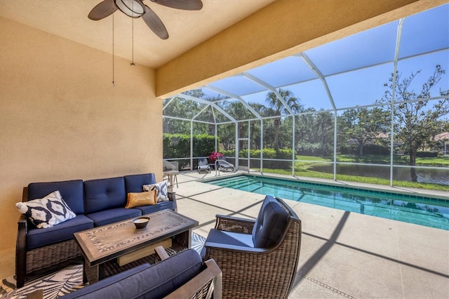 5881 Girona Pl, Sarasota, FL 34238 - outdoor pool with an outdoor living space, a patio, ceiling fan, and glass enclosure