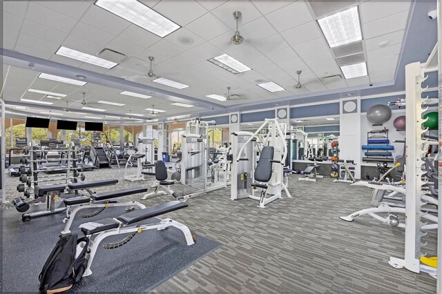 5881 Girona Pl, Sarasota, FL 34238 - exercise room featuring a drop ceiling, plenty of natural light, and carpet