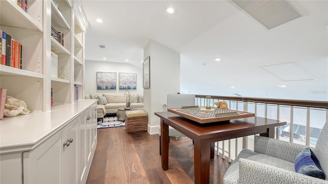 home office with attic access, visible vents, dark wood-style floors, and recessed lighting