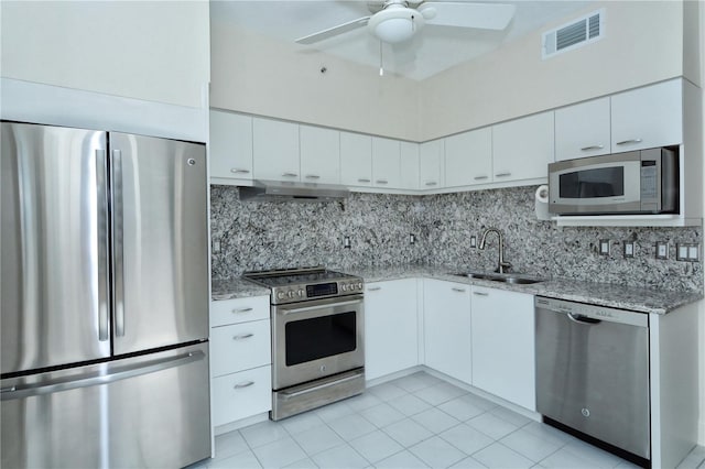 kitchen with a sink, stainless steel appliances, white cabinets, under cabinet range hood, and visible vents