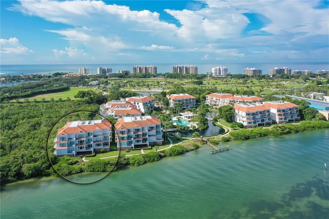 drone / aerial view featuring a city view and a water view