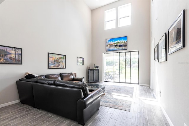 living area featuring a high ceiling, baseboards, and wood tiled floor