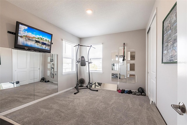 workout area with a textured ceiling, carpet flooring, and baseboards
