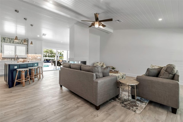 living room featuring wood ceiling, visible vents, light wood-type flooring, and ceiling fan