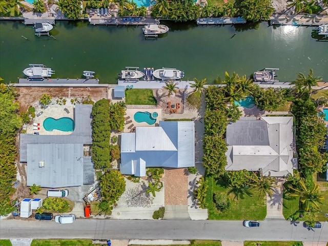 drone / aerial view with a water view