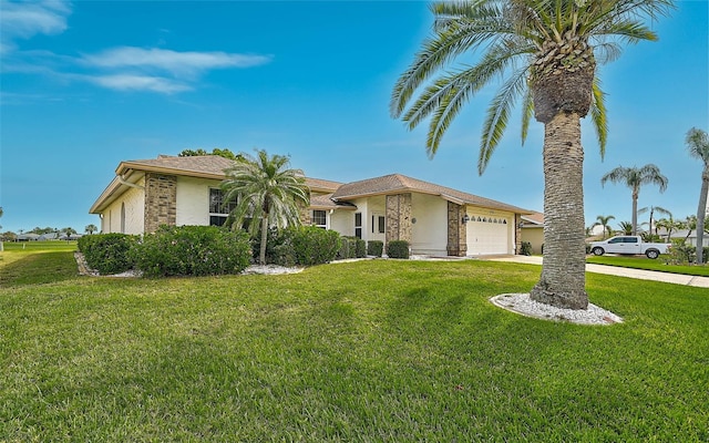 4360 Presidential Avenue Cir E, Bradenton, FL 34203 - ranch-style house with a front yard, driveway, a garage, and stucco siding