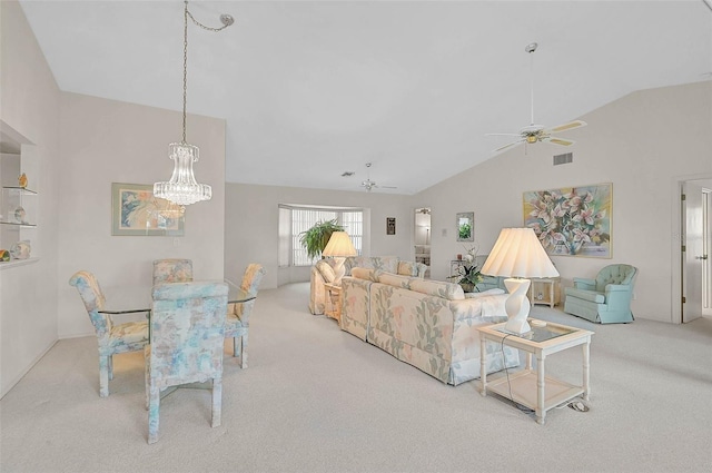 4360 Presidential Avenue Cir E, Bradenton, FL 34203 - carpeted living area with ceiling fan with notable chandelier, visible vents, and lofted ceiling