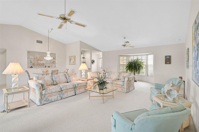 4360 Presidential Avenue Cir E, Bradenton, FL 34203 - carpeted living area with visible vents, ceiling fan, and lofted ceiling