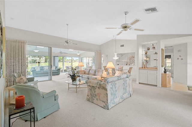 4360 Presidential Avenue Cir E, Bradenton, FL 34203 - living area featuring visible vents, light colored carpet, a ceiling fan, and vaulted ceiling