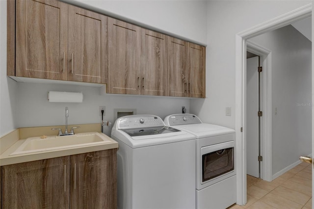 4044 Penshurst Park, Sarasota, FL 34235 - clothes washing area with cabinet space, light tile patterned flooring, separate washer and dryer, and a sink