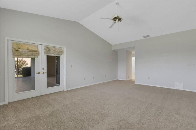 4044 Penshurst Park, Sarasota, FL 34235 - carpeted empty room featuring ceiling fan, visible vents, lofted ceiling, french doors, and baseboards