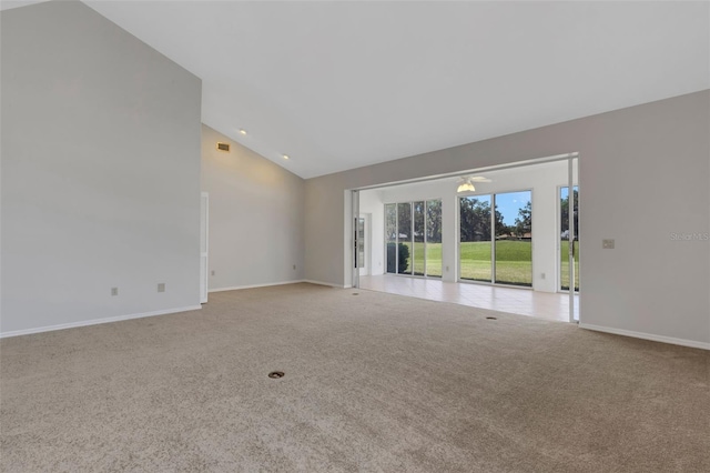 4044 Penshurst Park, Sarasota, FL 34235 - spare room with ceiling fan, high vaulted ceiling, baseboards, and carpet floors