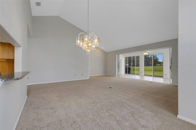 4044 Penshurst Park, Sarasota, FL 34235 - unfurnished living room with baseboards, a chandelier, carpet floors, visible vents, and high vaulted ceiling