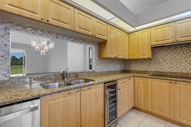 4044 Penshurst Park, Sarasota, FL 34235 - kitchen with stainless steel dishwasher, beverage cooler, a sink, and light brown cabinetry