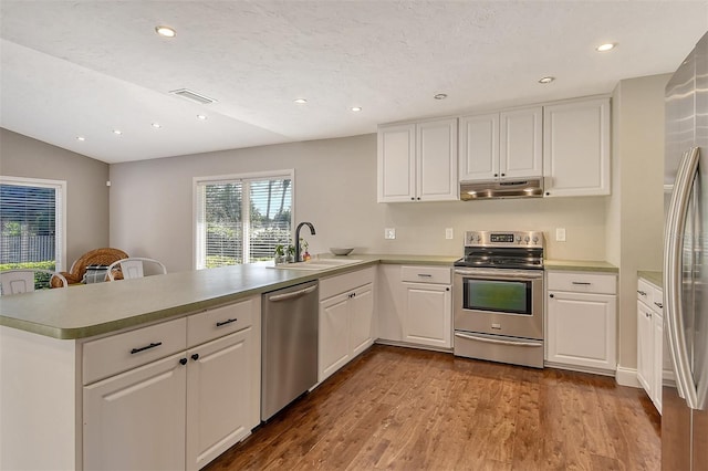 kitchen featuring a peninsula, a sink, wood finished floors, under cabinet range hood, and appliances with stainless steel finishes