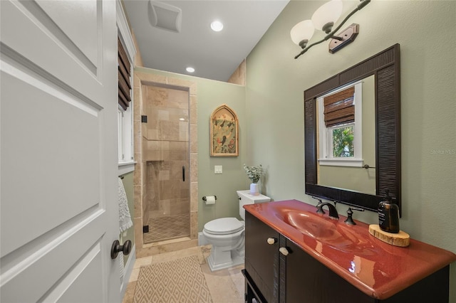 526 56th St, Holmes Beach, FL 34217 - full bathroom with a shower stall, vanity, visible vents, recessed lighting, and toilet