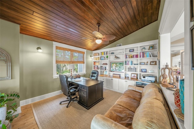 526 56th St, Holmes Beach, FL 34217 - home office featuring lofted ceiling, baseboards, visible vents, ceiling fan, and wooden ceiling