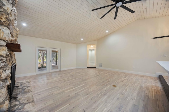 4916 Hidden Oaks Trl, Sarasota, FL 34232 - unfurnished living room featuring lofted ceiling, wood ceiling, light wood finished floors, a fireplace, and a ceiling fan