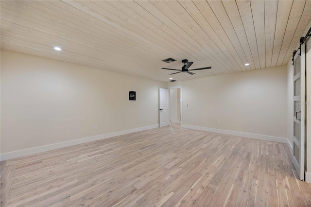 4916 Hidden Oaks Trl, Sarasota, FL 34232 - empty room with a barn door, wood ceiling, recessed lighting, light wood-type flooring, and a ceiling fan