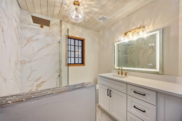 4916 Hidden Oaks Trl, Sarasota, FL 34232 - bathroom with a marble finish shower, vanity, marble finish floors, and wood ceiling
